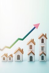 Minimalist 3D Scene Depicting Real Estate Investment Growth with Rising Arrow and House Icons