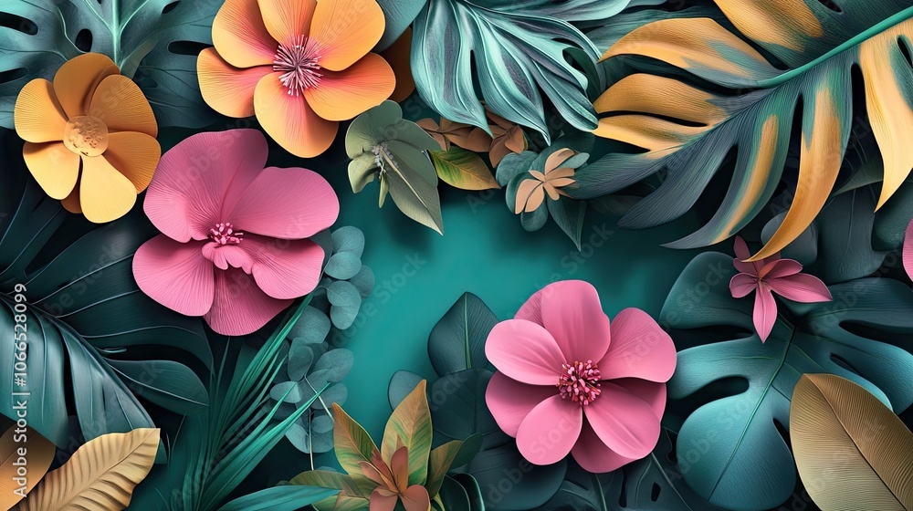 Poster stunning 3d plants and flowers create an eye-catching surface design, perfect for adding a vibrant e