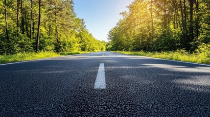 Fototapeta premium A scenic forest road perspective captures a sunny summer day. The highway stretches beneath a clear blue sky, viewed from the asphalt road surface, with ample space for text.