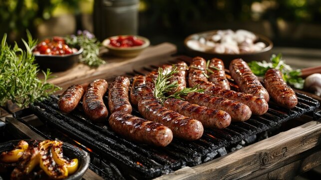 Barbecue grill loaded with sausages on a wooden table in an outdoor terrace setting, perfect for a summer gathering. The barbecue grill invites delicious cooking moments.