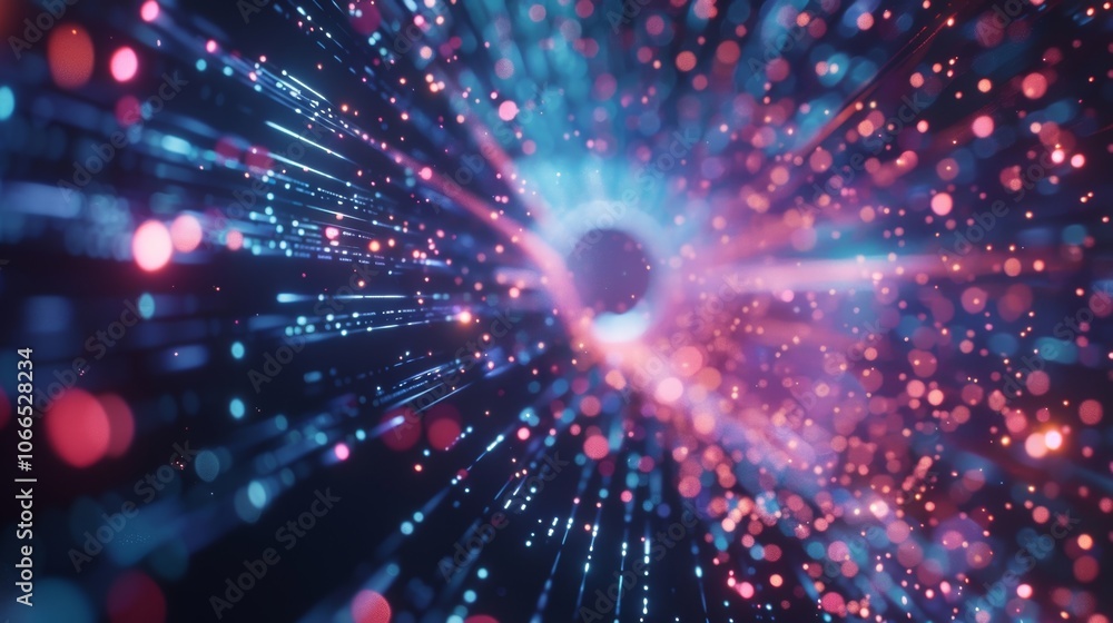 Aufkleber pink and blue particles and streaks of light are converging into a dark circular portal, creating a 