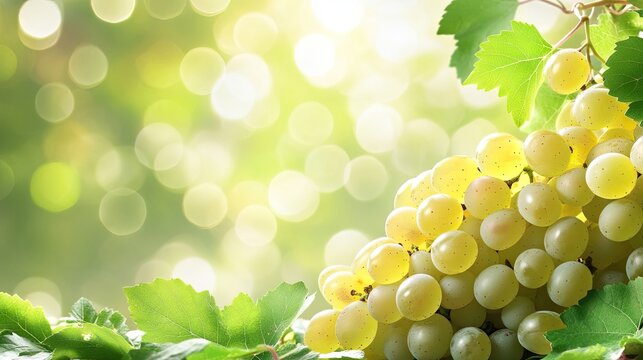 White grape arrangement on an unfiltered background creates a perfect concept for grape juice, wine, or sparkling wine. Fresh and healthy white grapes with ample green space enhance the lighting.