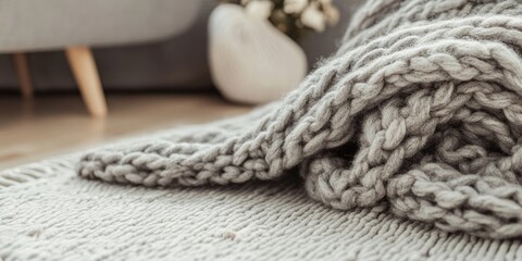 A close up view showcases a cozy, thick wool blanket knitted in a natural gray shade, beautifully resting on a light wooden surface.