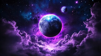 Fototapeta premium Purple Night Sky with Stars Moon and Planet Cosmic Background