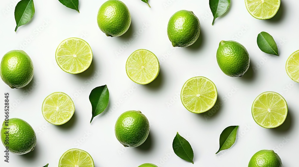 Poster fresh whole and cut limes are presented against a white background, creating a vibrant display of li