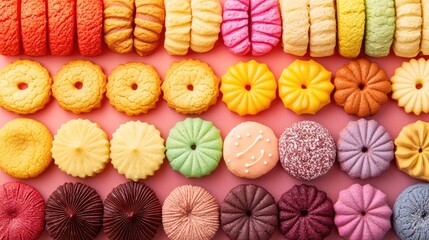 Fototapeta premium A vibrant assortment of colorful cookies, artfully arranged to form a visually striking and appetizing display, perfect for any dessert lover. Ideal for food photography with a stylish copy space.