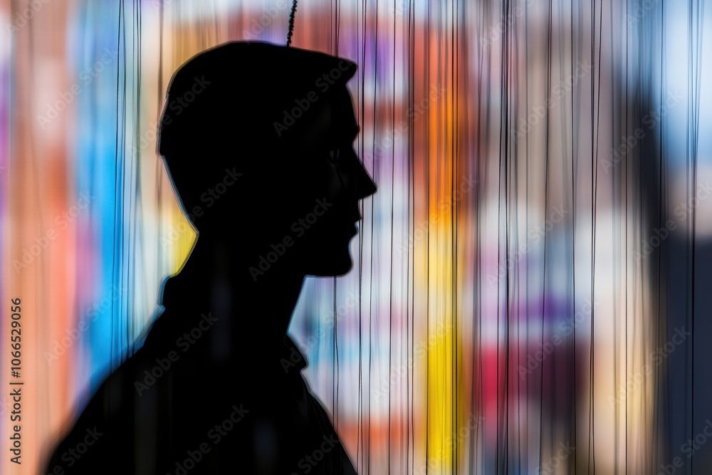 Poster a dark silhouette of a mannequin against a colorful, blurred background with vertical lines creating