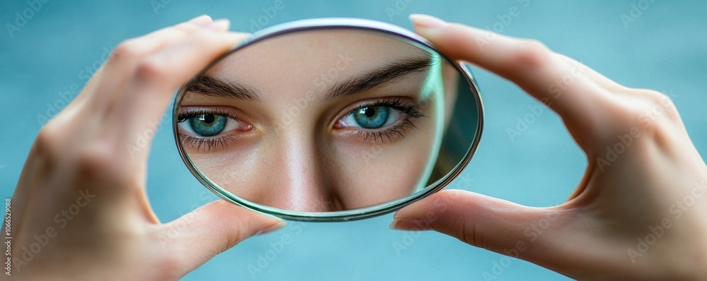 Poster a person gazes through a circular mirror, focusing on their striking blue eyes, with soft colors in 