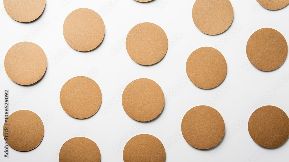 Poster flat lay arrangement of circular stickers mockup, displaying brown kraft design templates against a 