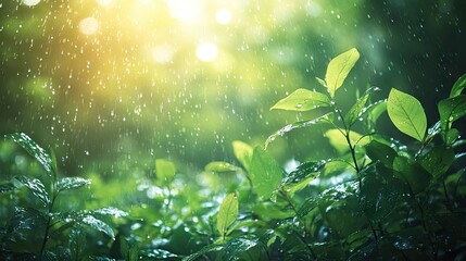 Fototapeta premium A vibrant, lush forest emerges after a refreshing rainfall, with foliage glistening from raindrops and the aromatic scent of wet earth filling the air, perfect for photo style copy space.