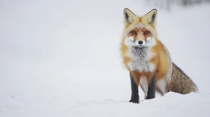 Fototapeta premium Red fox captured on a white background, highlighting the young red foxs vibrant fur and curious expression, making it an ideal image for various creative projects with ample copy space.