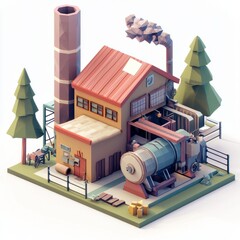 Low Poly 3D Render of a printing press factory, on isolated white background