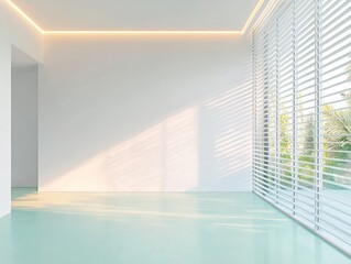 Fototapeta premium Simple, clean design in a room with mint flooring and white walls.