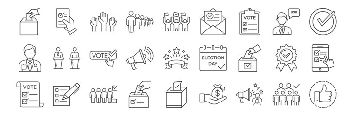 Voting, election line icon set. Vector pictograms of democratic processes, civic participation, ballot boxes, candidates, debates, voter engagement, checkmark thin linear illustration.