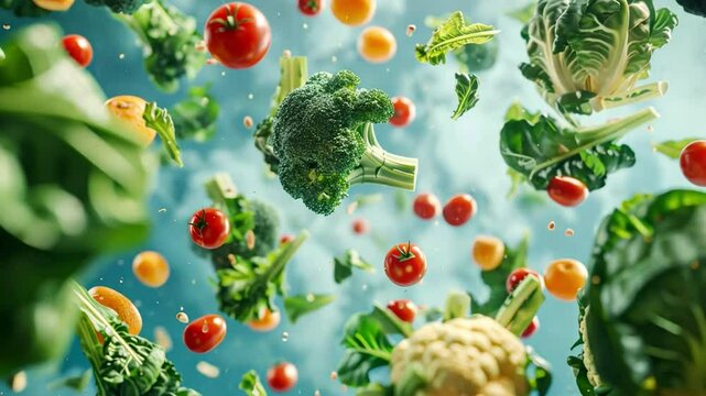 Vibrant Veggie Symphony: A kaleidoscope of fresh vegetables and fruits dance mid-air, creating a dynamic and colorful explosion of healthy goodness.