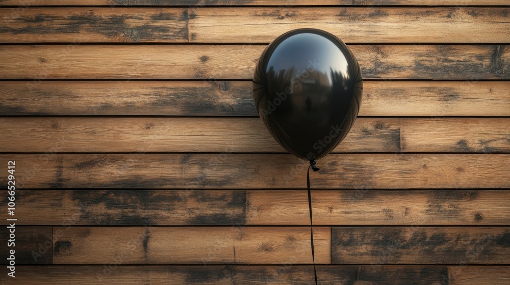 Poster a playful black balloon rests on a wooden surface, creating a fun and minimalist vibe that contrasts