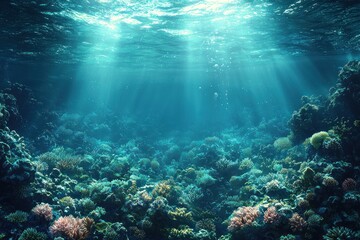 Fototapeta premium Underwater Scene with Sunbeams Illuminating a Coral Reef