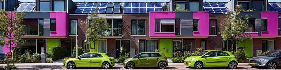 Netherlands terraced homes, magenta facades, solar energy, lime green cars.