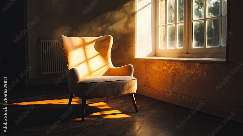 Poster sunlight streams through windows, illuminating an empty chair that captures a serene atmosphere. the