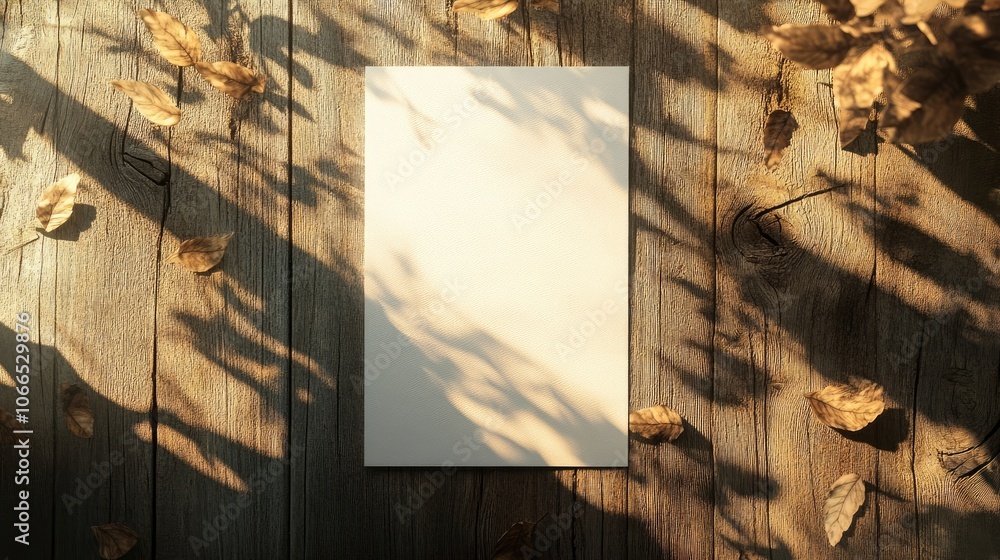 Poster blank vertical poster or card mock-up with leaf shadows cast on a sunlit wooden floor, ideal for dis