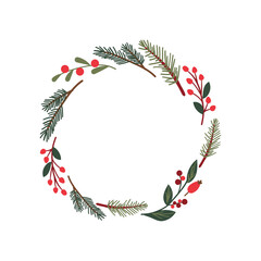 Christmas wreath of holly with red berries. Green leaf with a greeting Merry Christmas. New Year holiday celebration in December. Hand drawn cozy winter elements isolate on white.