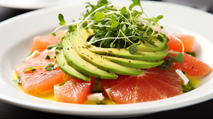 Fresh avocado salad with grapefruit slices and microgreens on a white plate
