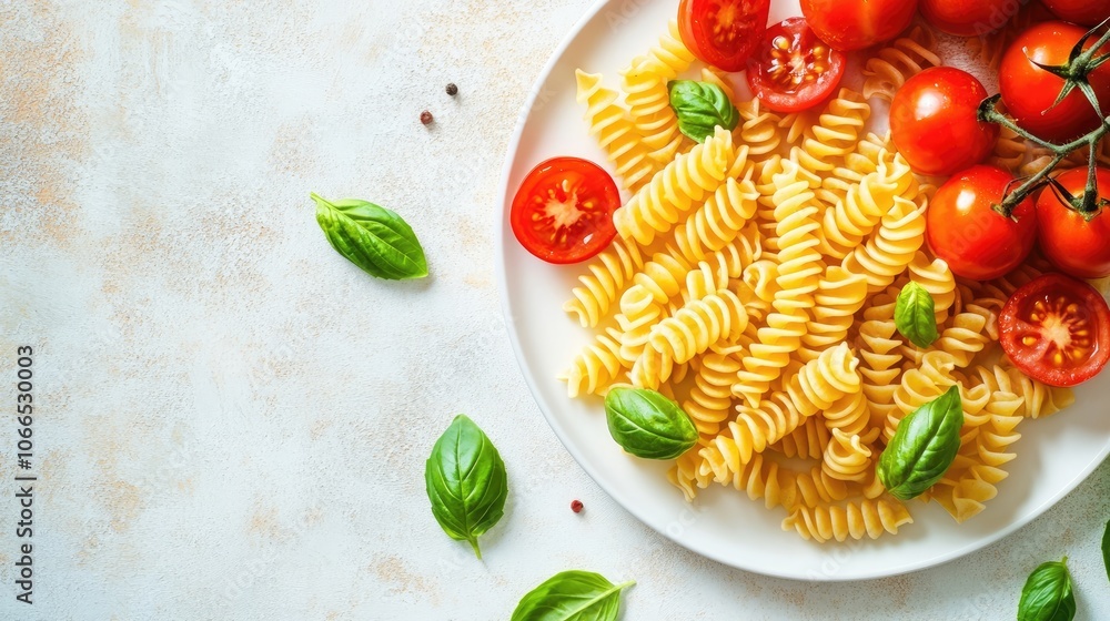 Poster fusilli pasta arranged elegantly on a white plate, accompanied by fresh tomatoes and basil leaves, c
