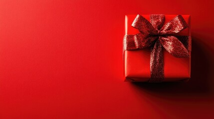 A vibrant holiday celebration scene is captured with a red-wrapped gift box against a striking red background, emphasizing the festive spirit and adding a touch of cheer with ample copy space.