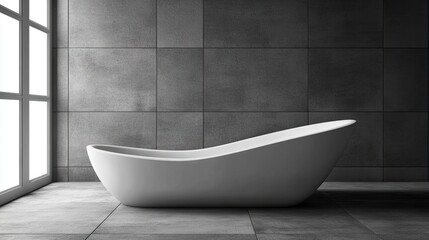 Modern gray Scandinavian bathroom interior highlighting a sleek bathtub. This stylish gray bathroom exudes a minimalist design, offering ample photo space to capture its elegance.
