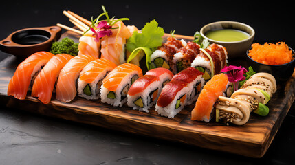 Luxury sushi platter with salmon and tuna rolls on wooden board