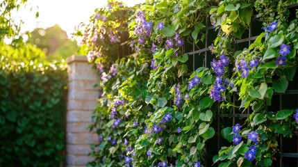 a vibrant garden filled with climbing vines, such as ivy or wisteria. Capture the intricate details of their leaves and flowers as they intertwine around trellises and garden structures. 