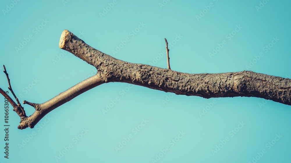 Poster close-up view of a cut tree branch against a clear sky, capturing the texture and details of the bra