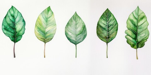 Fototapeta premium A white backdrop showcases ten beautifully detailed watercolor green leaves, each intricately designed and standing out against the clean background of white.