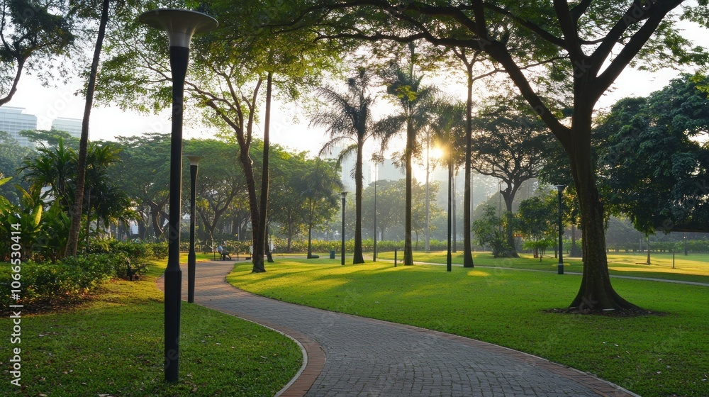 Poster a winding path through a lush green park with palm trees and a sunrise in the background.