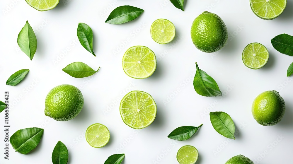 Poster fresh whole and cut limes are presented against a white background, creating a vibrant display of li