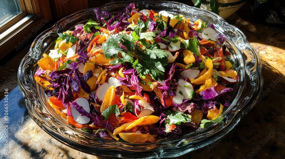 Poster mixed vegetables and spices create a vibrant salad. this delightful salad bursts with color and flav