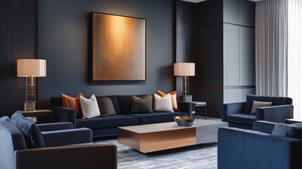Modern Living Room with Blue Couches, Copper Coffee Table, and Artwork