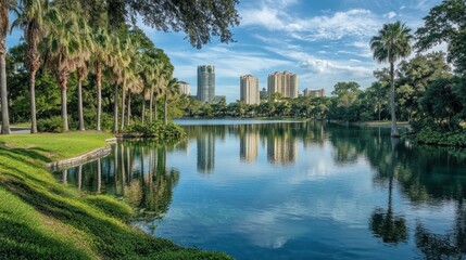 Naklejka premium A scenic view of a calm lake with a city skyline reflected in the water.