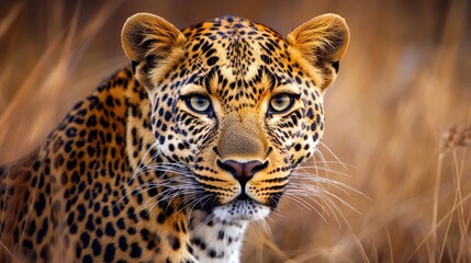 Obraz premium Close-up portrait of a leopard, a wild animal inhabiting the Savannah grassland, capturing the essence of wildlife in nature. Ideal for showcasing the beauty of leopards.