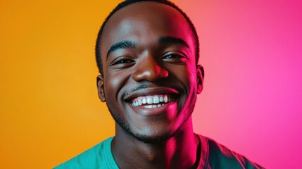 A vibrant studio portrait of a Black man with a bright smile, showcasing his personality and warmth