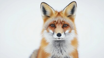 Fototapeta premium Red fox captured on a white background, highlighting the young red foxs vibrant fur and curious expression, making it an ideal image for various creative projects with ample copy space.
