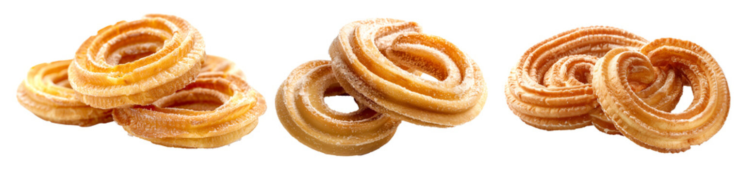 Sugar-coated fried dough pastries or Churo Swirl stacked together isolated on a white transparent background. Concept of sweet and delicious snack food