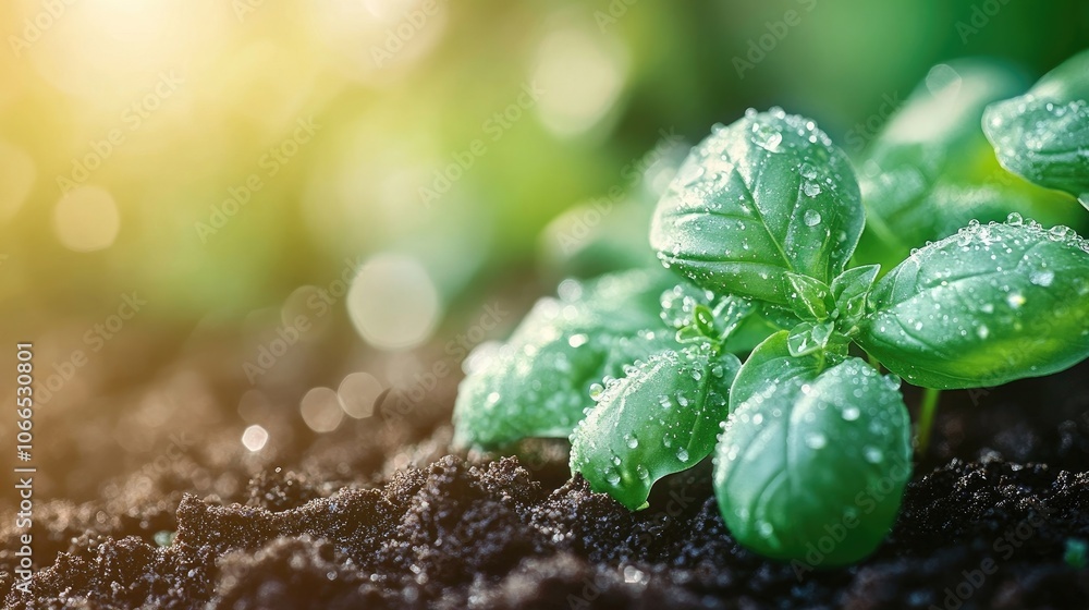 Poster basil seedlings with water droplets resting on rich soil create a fresh and vibrant scene, perfect f