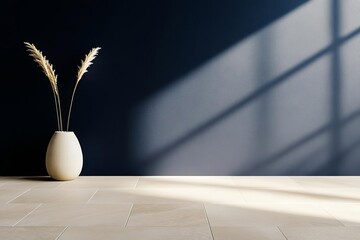 Room with navy accent wall, beige stone floor, and a small oval window high on the 6m wall casting gentle light onto the opposite wall, stone floor, oval window