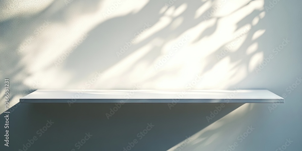 Poster an empty, white wooden shelf sits in front of a softly blurred background illuminated by morning lig