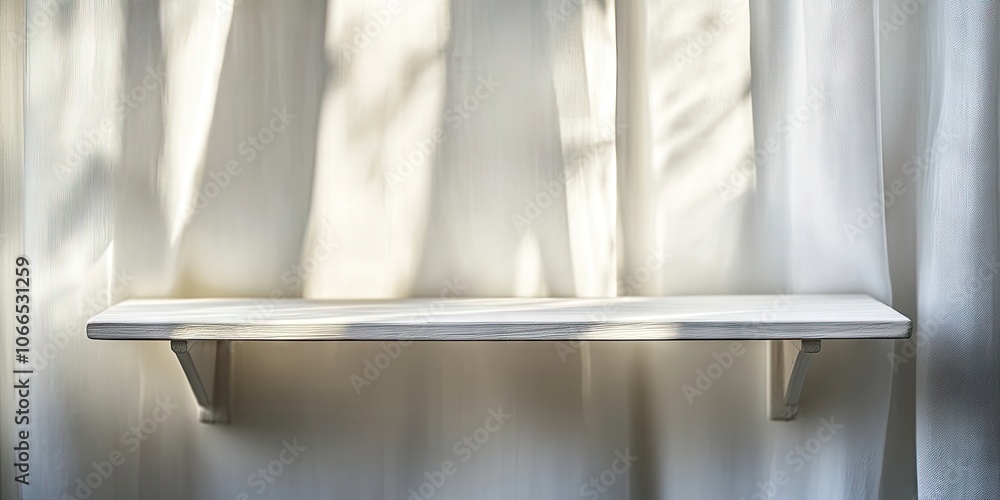 Aufkleber an empty, white wooden shelf sits in front of a softly blurred background illuminated by morning lig