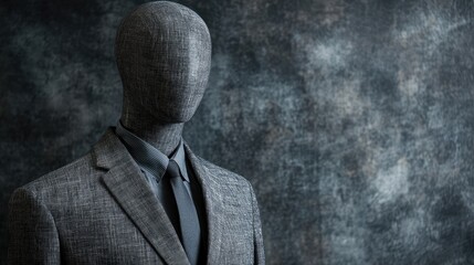 Mannequin dressed in modern grey attire, blending futuristic fashion with elegant design. This mannequin highlights innovative styling, ideal for various creative projects. Copy space available.