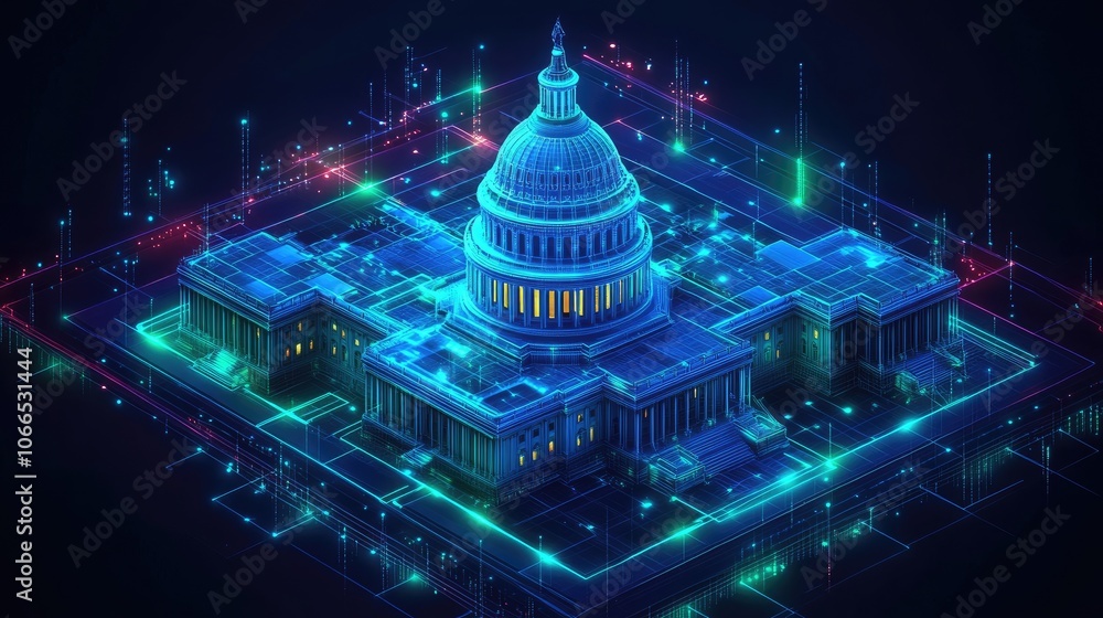 Poster a digital rendering of the us capitol building surrounded by glowing lines, symbolizing the intercon