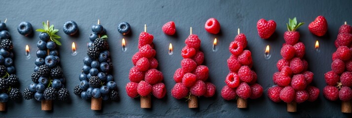 Creative berry christmas trees with candles on slate surface
