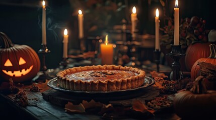 Indulging in a delicious Halloween pumpkin pie brings forth the essence of autumn flavors, perfect for warm gatherings, with ample space for text in the photo design.